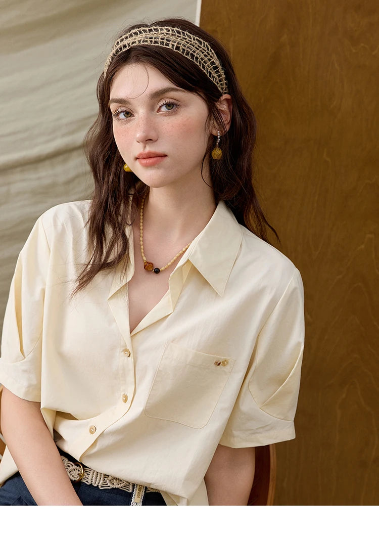 MISHOW New French Summer Shirts for Women New 2025 Short Sleeve Turn-down Collar Solid Slimming Blouses Lady Gentle MXE33C0778