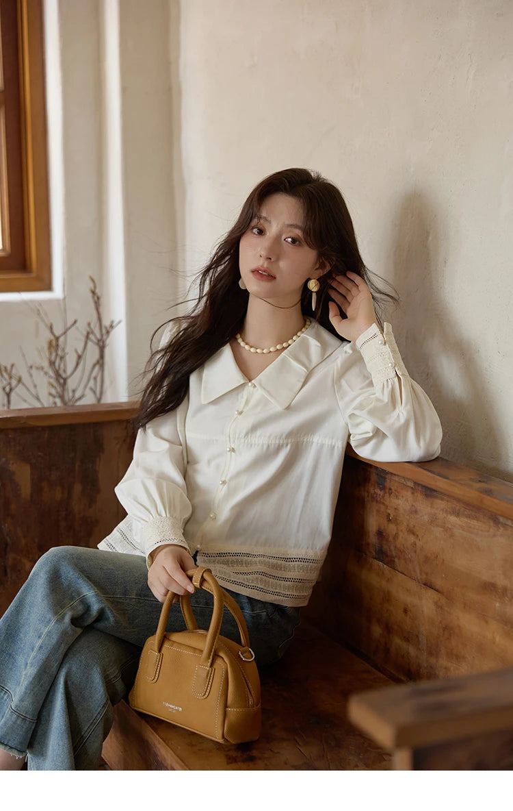 MISHOW Women's French Lace Patchwork Shirt 2025 Autumn Butterfly Collar Lantern Sleeves Apricot Elegant Commuting Top MXE41C2357