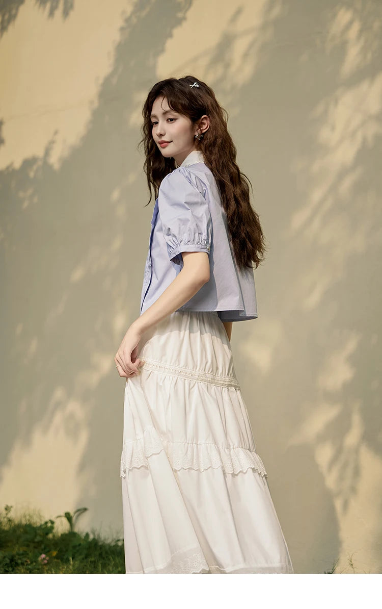 MISHOW Women's Summer Button Up Shirt Puff Sleeve Blouse Lace Lapel French Retro Contrast Top Korean Popular Clothes MXD26X1451