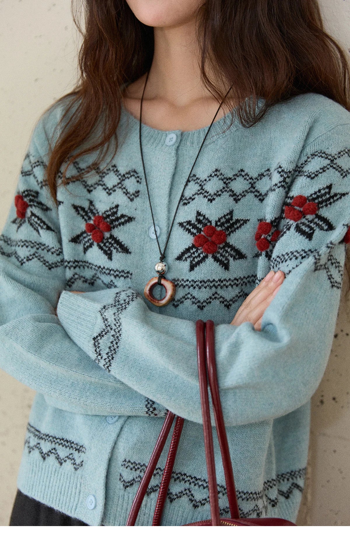 MISHOW Women's Geometric Jacquard Fair Isle Sweater 2025 Winter Retro Blue O-Neck Single-breasted Commuter Cardigan MXE86Z2734