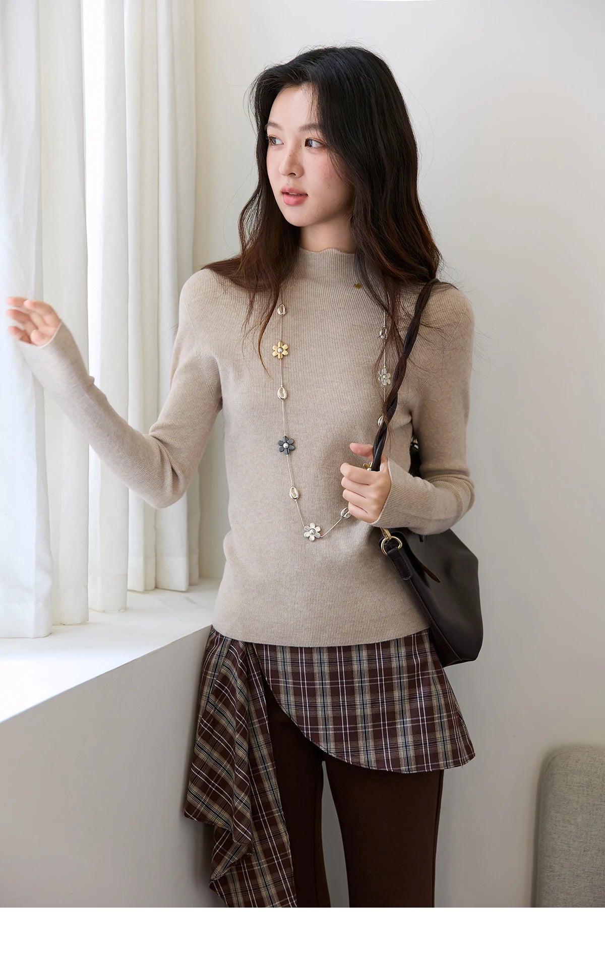 MISHOW Woman Long-sleeved Tops 2025 Autumn Winter Minimalist Mock Neck Knited Top Commute Casual Slim Pullover Woman MXE48Z2583
