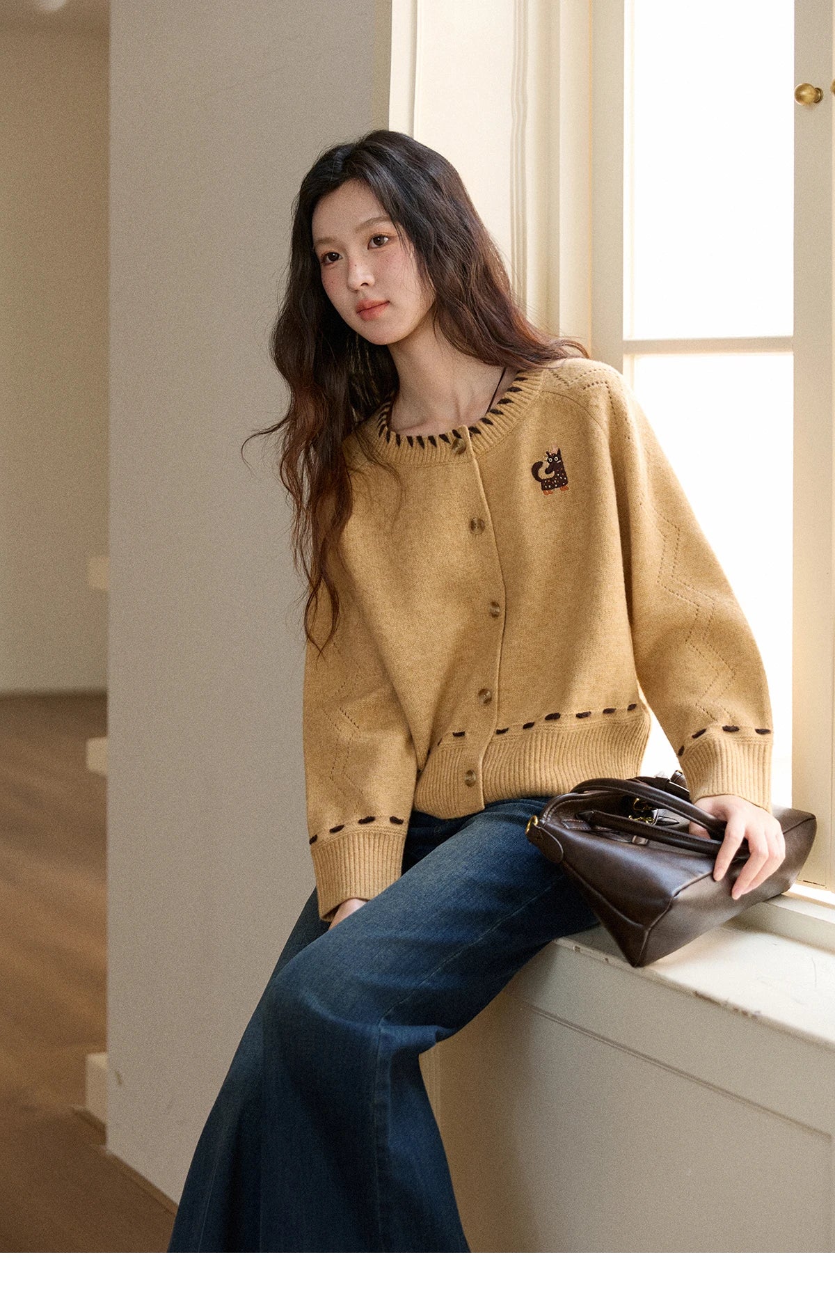 MISHOW Winter Knit Women's Cardigan 2025 New Little Fox Embroidered Sweater Retro Orange Loose Long-sleeved Tops MXE88Z2598