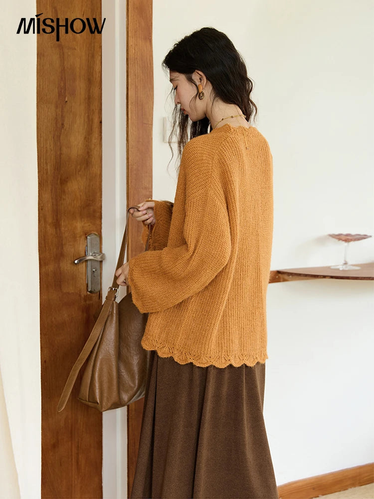 MISHOW Pumpkin Knitted Cardigan for Women Autumn 2025 Loose Wavy Edge Sweater Hollow Out Dropped Sleeves Cardigans MXE46Z2505