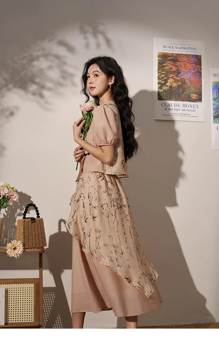 MISHOW Chinese Polo Neck Top Asymmetric Fork Skirt Separately Summer Floral Puff Sleeve Shirt High Waist A-line Skirt MXD22X1396