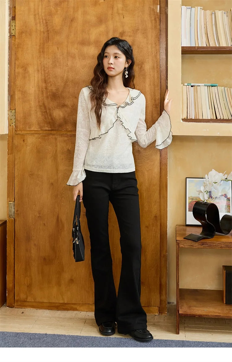 MISHOW Lace Blouse for Women Autumn 2025 V-neck Ruffle Edge Contrasting Embroidery Loose Top Flare Sleeve Blouses MXE45X2483