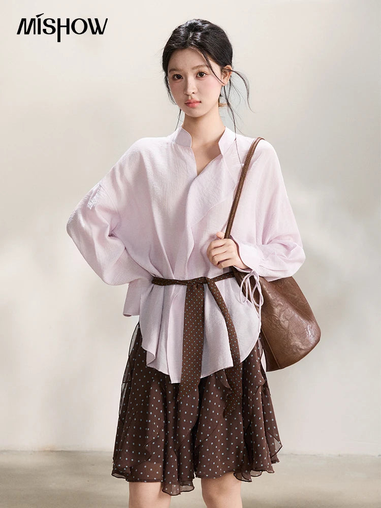 MISHOW Women's Asymmetric V Neck Shirts 2026 Spring Lapel Casual Loose Tie Cuffs Solid Shirt with Polka Dot Ribbon MXF108X1002