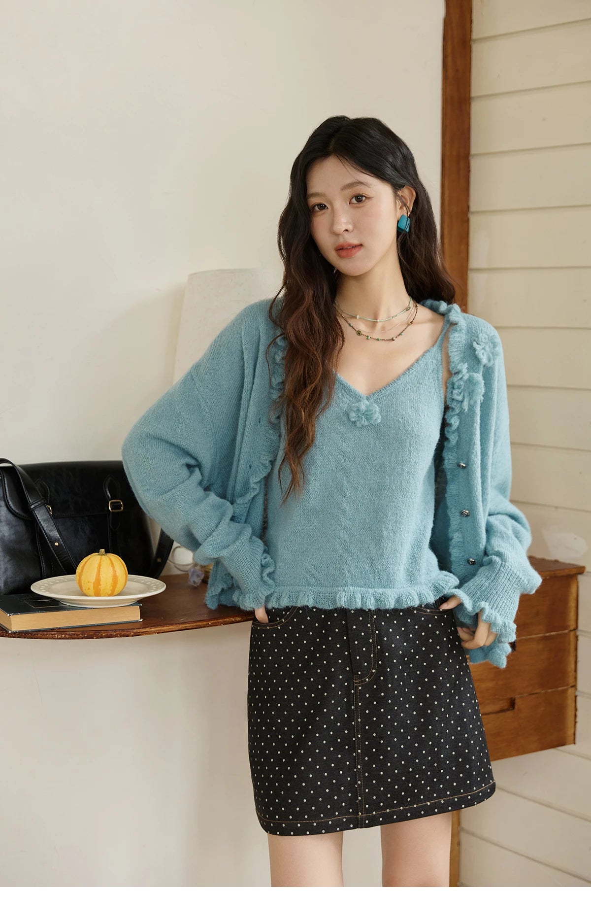 MISHOW Blue Knitted Cardigan Strap Two Piece Set 2025 Autumn Sweater Cardigan Lotus Leaf Edge Flower V-neck Camis Set MXE45T1377