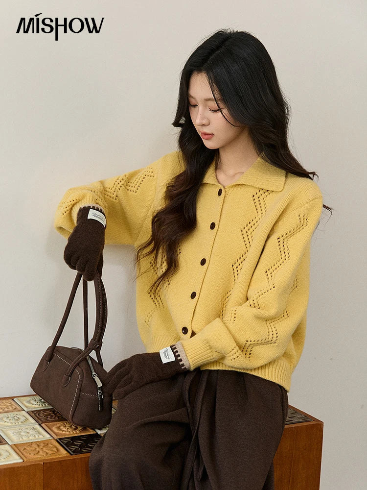 MISHOW Women's Hollow Pattern Knitted Cardigan 2025 Winter Yellow Lapel Single Breasted Sweater Loose Pullover Tops MXE94Z2961