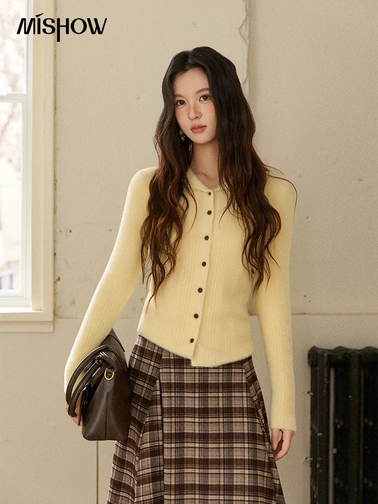 MISHOW Woman Yellow Cardigan 2025 Winter Imitation Mink Fur Knitted Cardigan Turn-down Collar Long Sleeves Soft Top MXE89Z2671