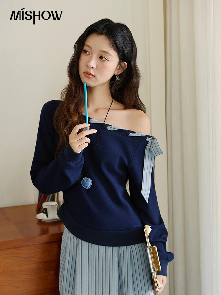 MISHOW Woman Striped Dress 2025 Autumn Blue Navy Slash Neck Contrast Lace Long-sleeved Dress Sexy Clothes for Women MXE45L2516