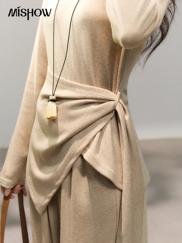 MISHOW Women's Khaki Knitted Two-Piece Set 2026 Spring Asymmetrical Hem Waist-Cinched Top Wide Leg Pants Casual Sets MXF11T1465