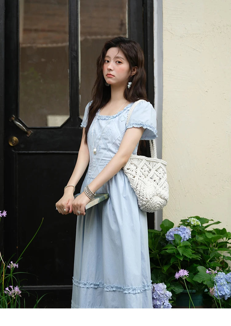 Mishow Blue Lace Mushroom Edge Puff Sleeve Dress MXE38L2348