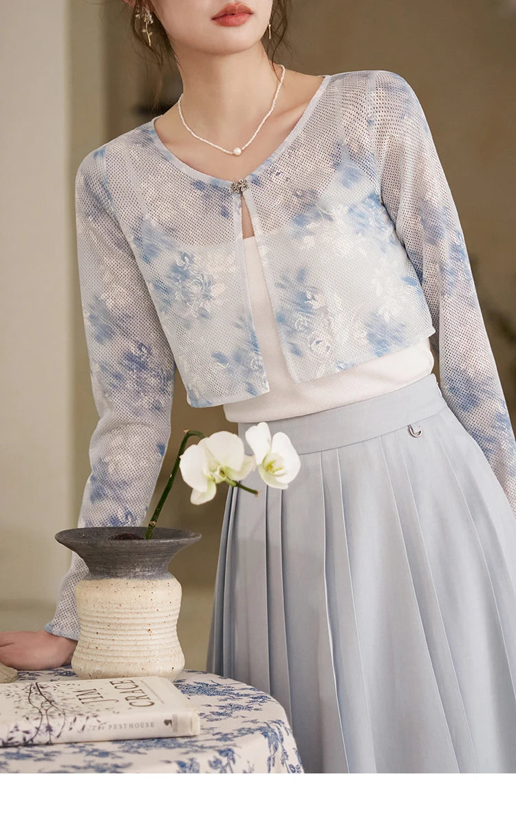 MISHOW Elegant Hollow Out Cardigan Camisole Skirt Separately Spring Lace Printing Short Cardigans Solid Pleated Skirt MXD12W0342