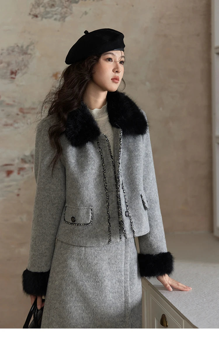 MISHOW Short Tweed Jacket Temperament Midi Skirts Separately Color Clash Lace Design Winter Skirt Thickened Coat MXD54W0553