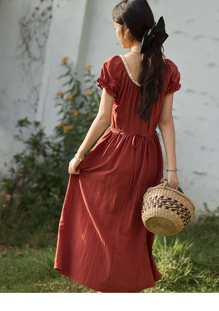 MISHOW French Summer Dress Women New 2025 Puff Short Sleeve Lace Neck Slimming Long Dresses Female Fashion Elegant MXE35L2297