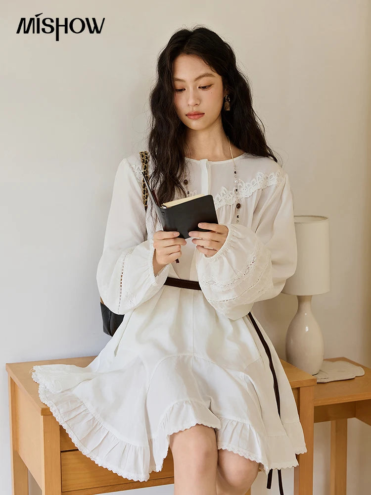 MISHOW Woman White Dress 2025 Autumn French Style O-neck Lace Ruffled Lantern Sleeves Dress Long Sleeves Party Dress MXE46L2519