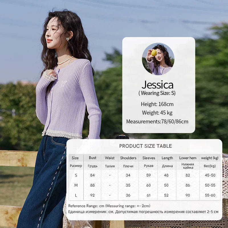 MISHOW Macaron Knitted Tops 2025 Spring Hollow Hook Flower Lace Splicing Tops Bow Embroidery O-neck Long Sleeve Tees MXE16Z1211