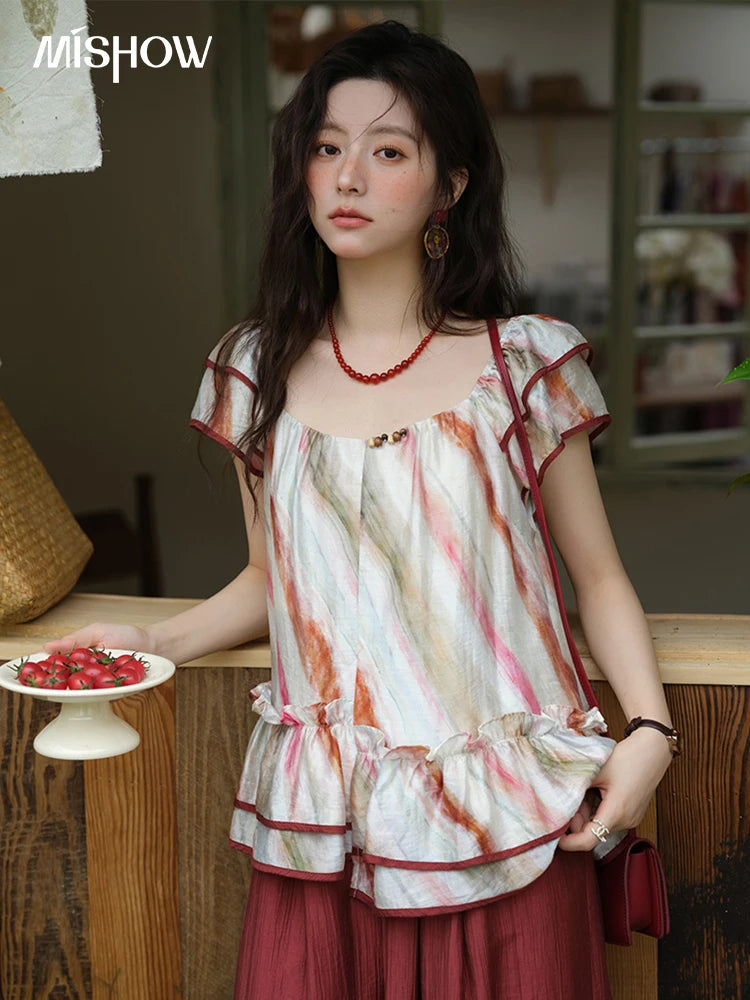 MISHOW Women's Retro Stripe Print Blouse 2025 Summer New Fashion O-Neck Butterfly Sleeve Ladies Casual Patchwork Top MXE38X1862