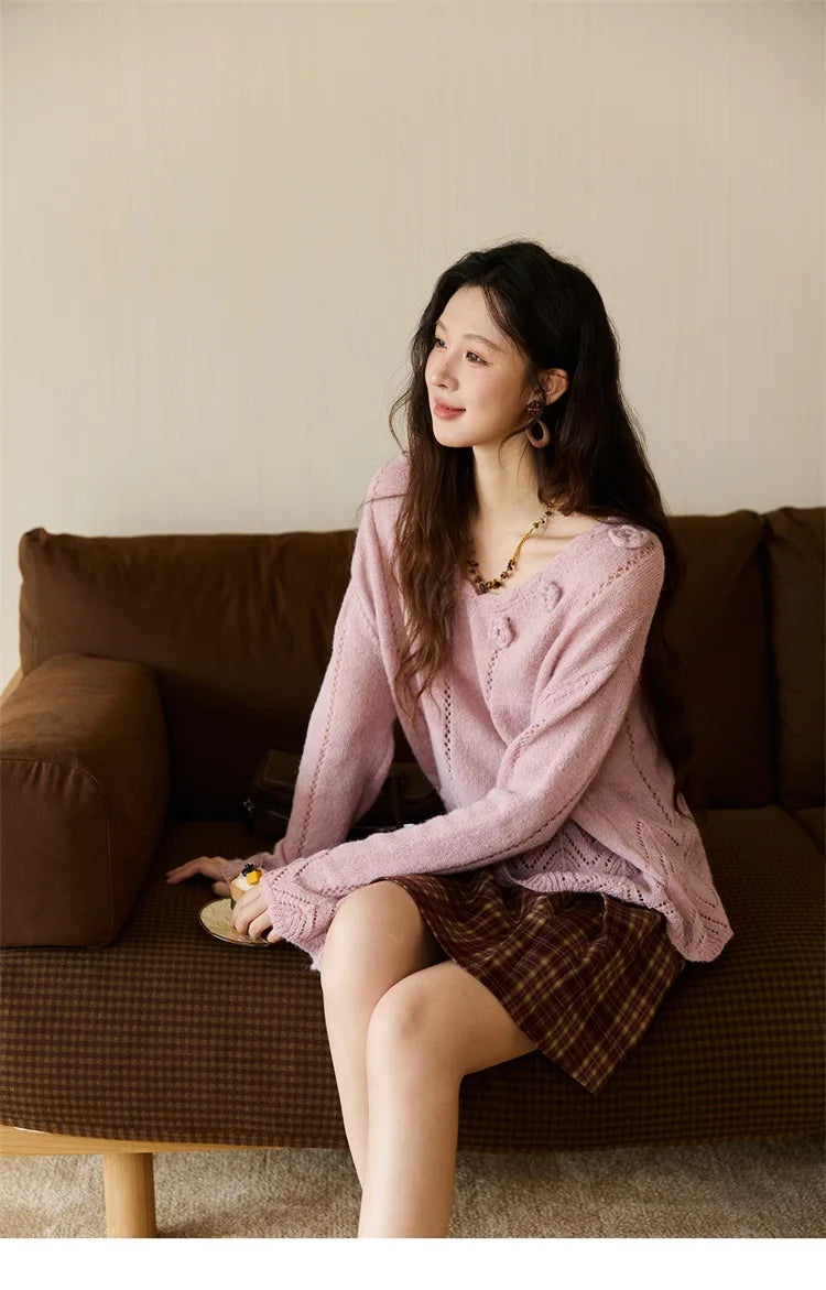 MISHOW Elegant Women's Sweaters 2025 Autumn Purple Hollow Out Wave V-neck Crochet Design Knitted Top Casual Pullovers MXE45Z1391