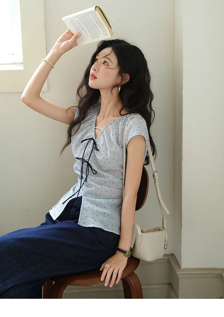 MISHOW Women's Elegant Blouses 2025 Summer Ladies V-Neck Bow Spliced Polka Dot Garment Sleeves Top Female Clothing MXE37X1909