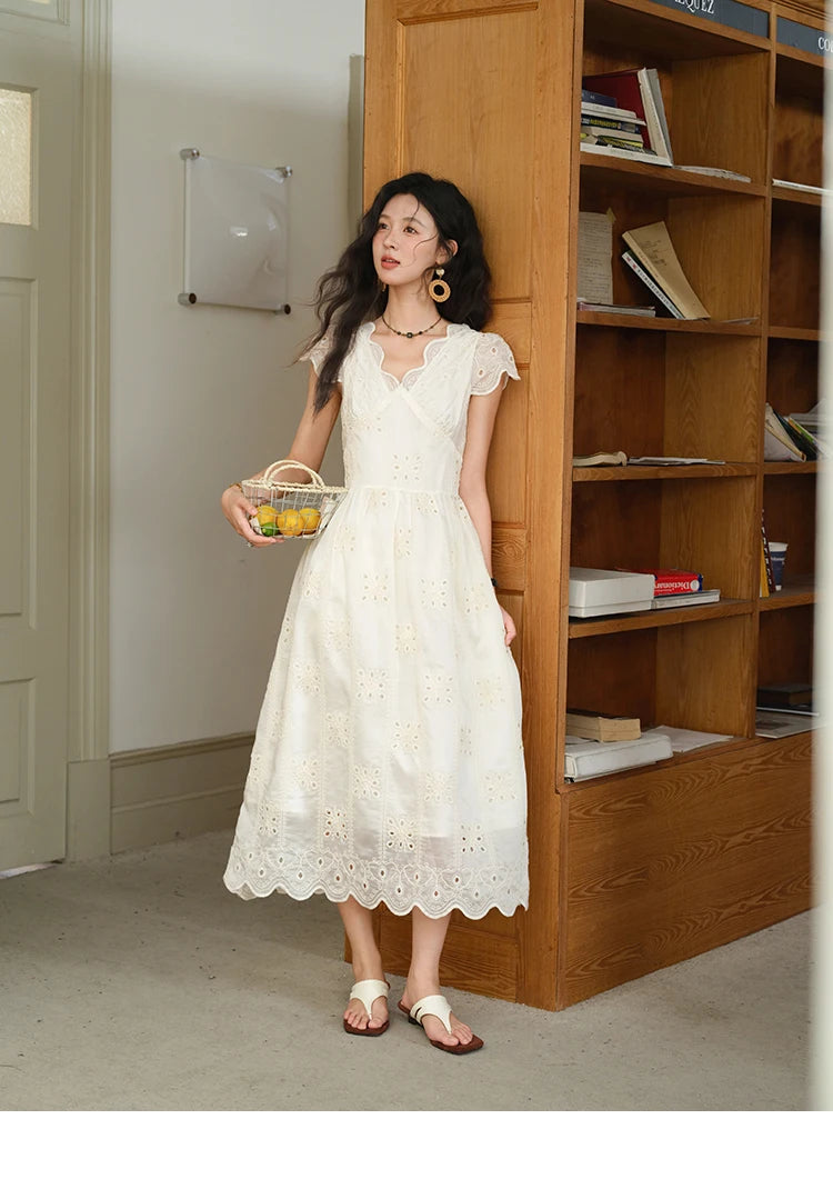 MISHOW Women's Flying Sleeve V-neck Hollow Dress 2025 Summer Embroidery A-line Dress Seaside Vacation Long Dresses MXE39L2404