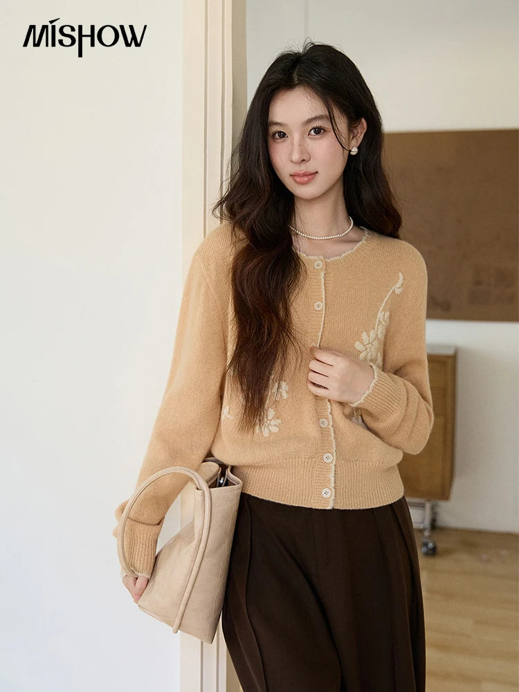 MISHOW Women's Camel Knitted Cardigan 2026 Spring Floral Embroidery Crew Neck Tops Button Warm Loose Cropped Sweater MXF11Z2896