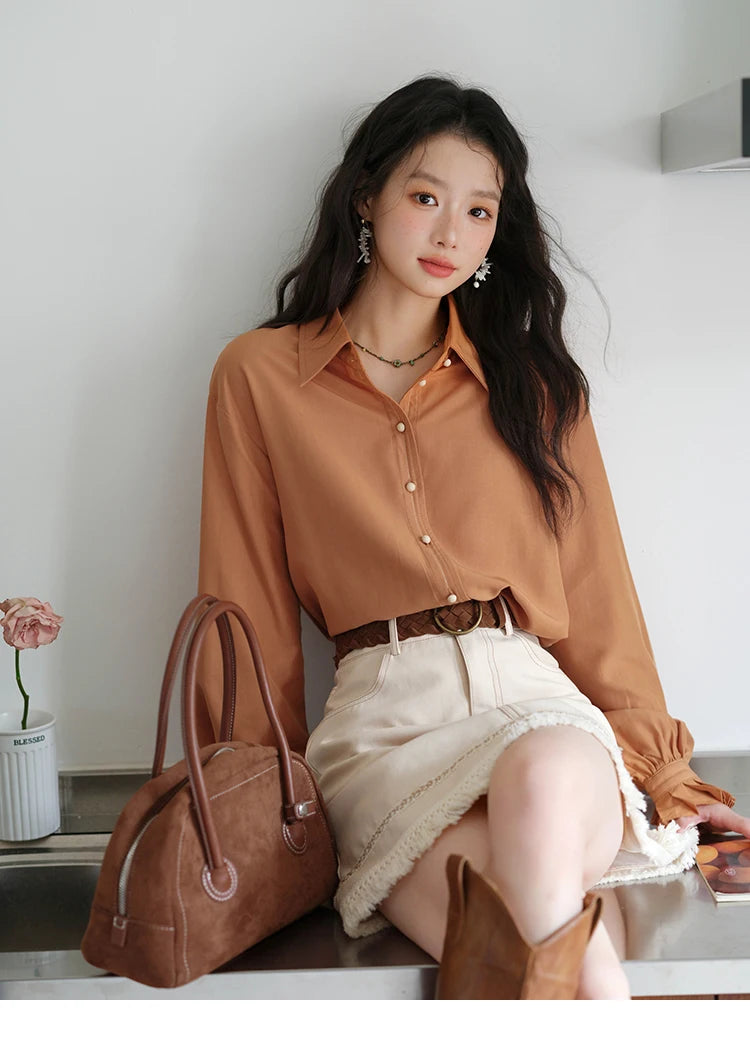 MISHOW Women's Shirts 2025 Autumn Color Blocking Buttons Pleated Cuffs Loose Top Female Solid Lapel Commuting Shirts MXE41C2352