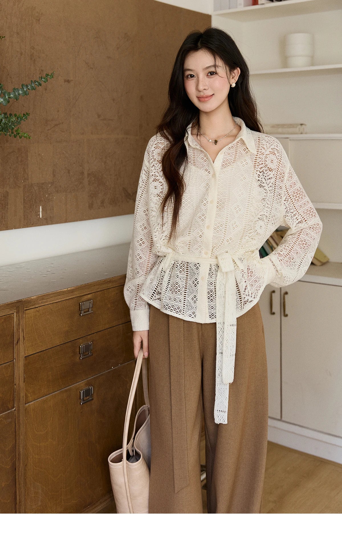 MISHOW Women's Hollow-out Lace Shirt Camisole Set 2026 Spring Lapel Drawstring Waist Sheer Casual Two-Piece Knitwear MXF108C0816