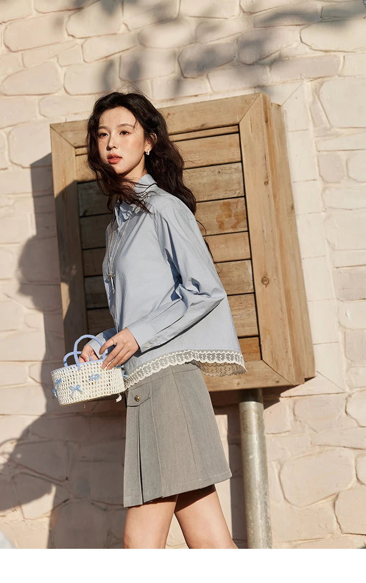 MISHOW Women's 100 Cotton Blue Shirt Spring 2025 Hem Lace Shirt Lapel Collar Commute Top Casual Solid Loose Shirts MXE12C0410