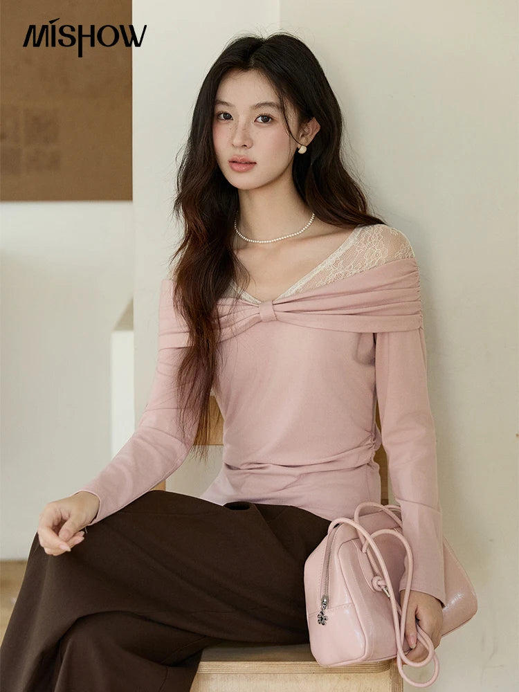 MISHOW Women's Lace Patchwork One Shoulder T-shirt 2026 Spring Twist Casual Slim Tees Sweet Pink Long Sleeve Tops MXF108Z1026