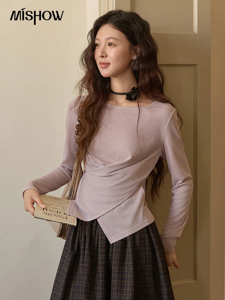 MISHOW Two-color Cross-strap Knitted Top for Women 2025 Autumn Winter New Classic Round Neck Slim Long Sleeves Top MXE43Z1344