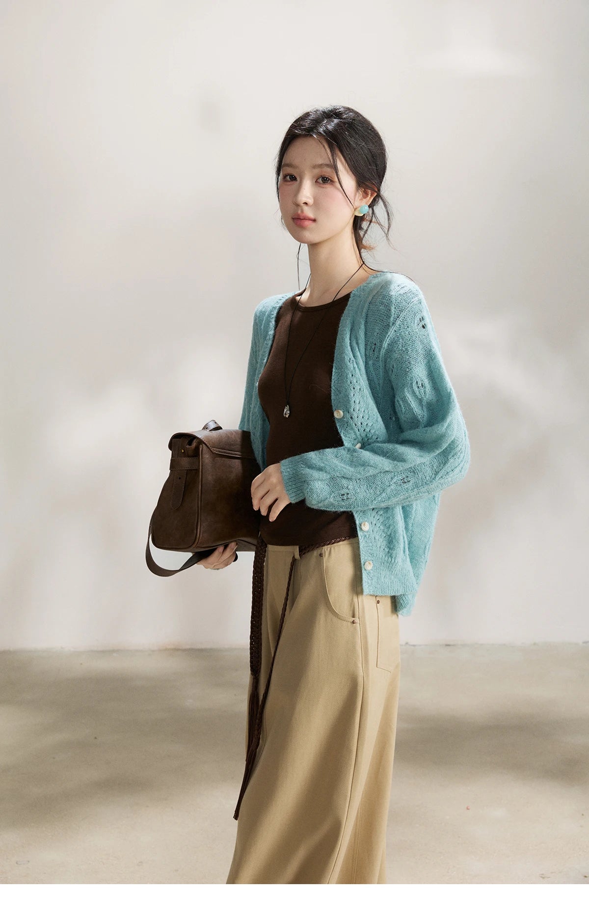 MISHOW Women's Blue Hollow Out Knit Cardigan 2026 Spring V Neck Wool Blend Tops Single Breasted Casual Thin Sweater MXF13Z2975