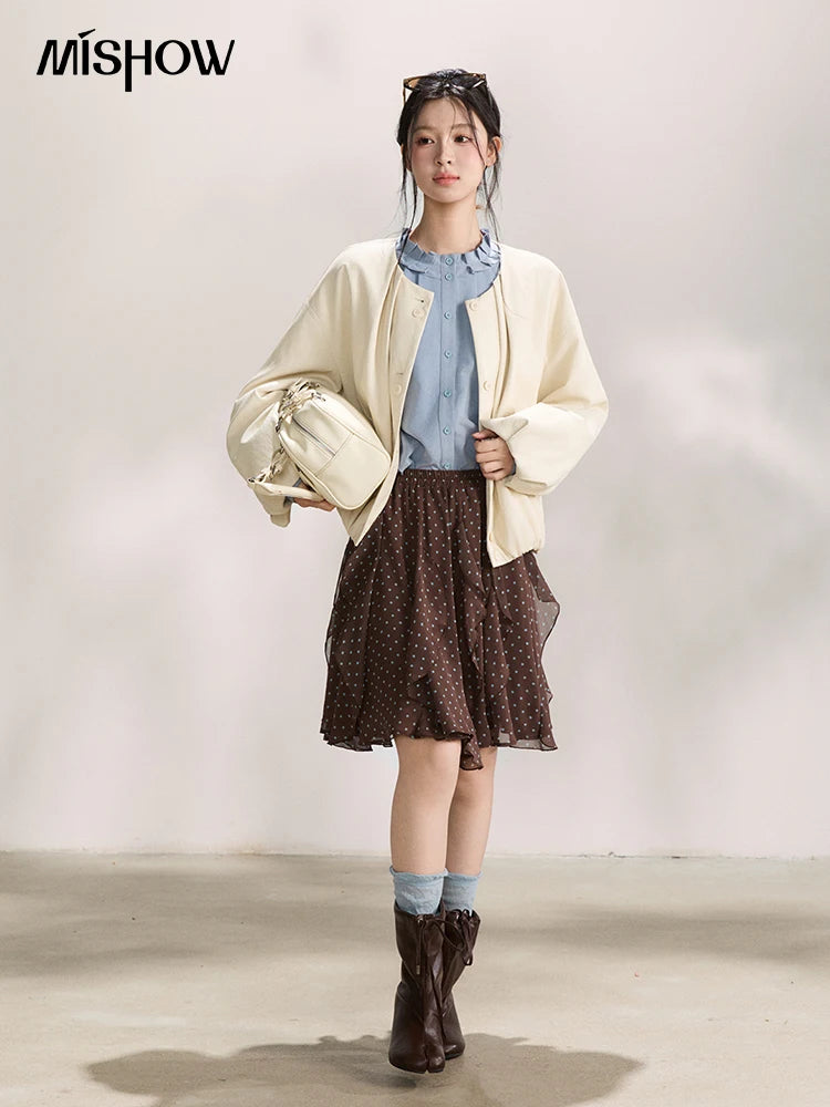 MISHOW Imitation Protein Skin Short Flower Bud Leather Jacket 2026 Spring Ruffled Collar Casual Loose Button-Up Coat MXF108W1019