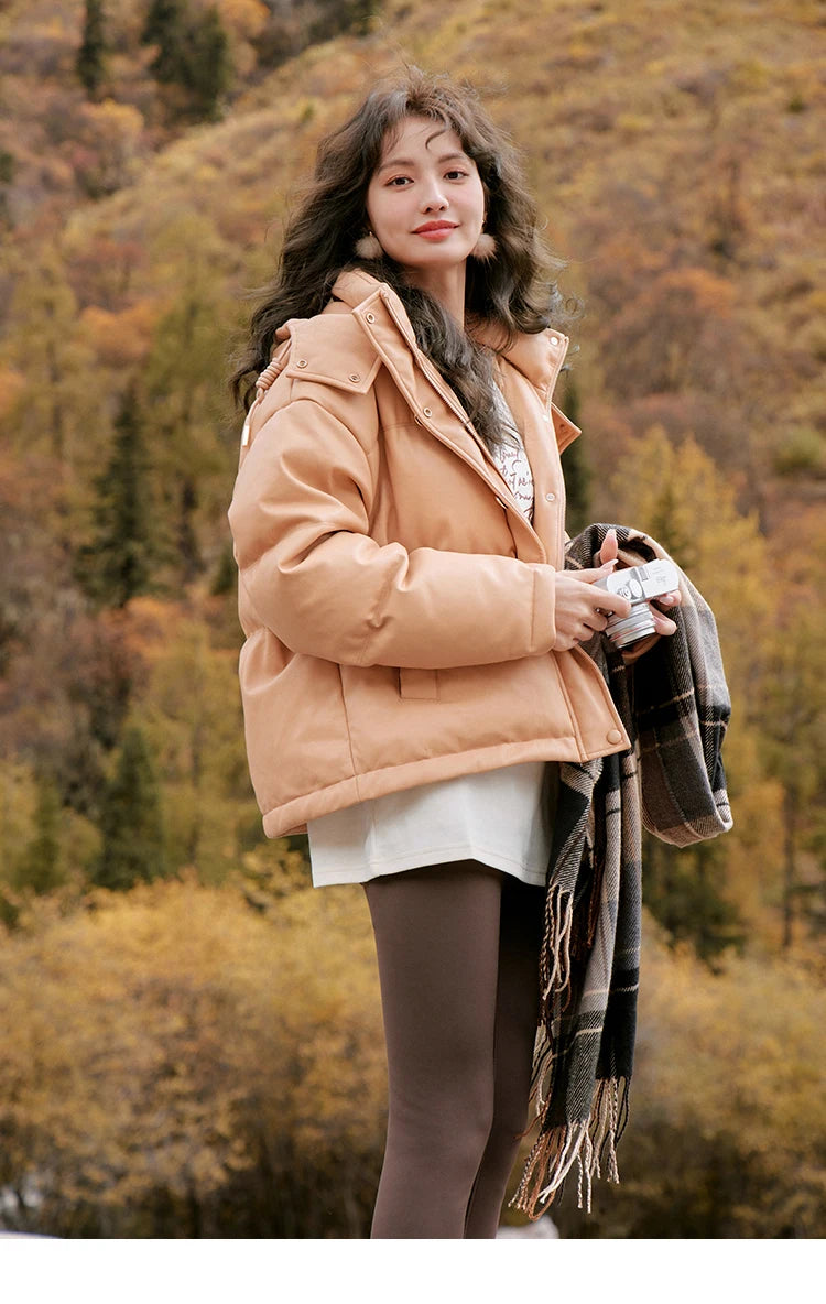 MISHOW Women's Winter Down Jacket 2023 Hooded Short White Duck Down Coats Imitation Protein Leather Puffer Jackets MXC52Y0008