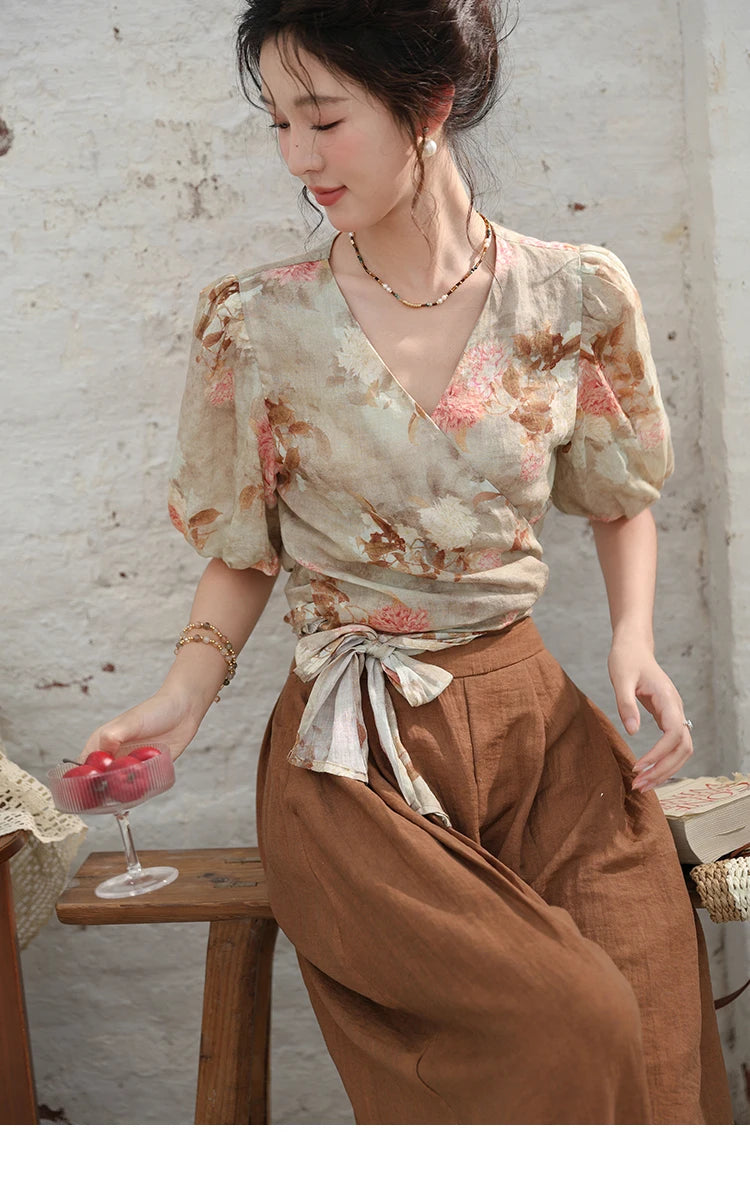 MISHOW French V-neck Floral Tops 2024 Summer Retro Short Sleeved Blouses Female Puff Sleeve Hem Strap One Piece Top MXD28X1619