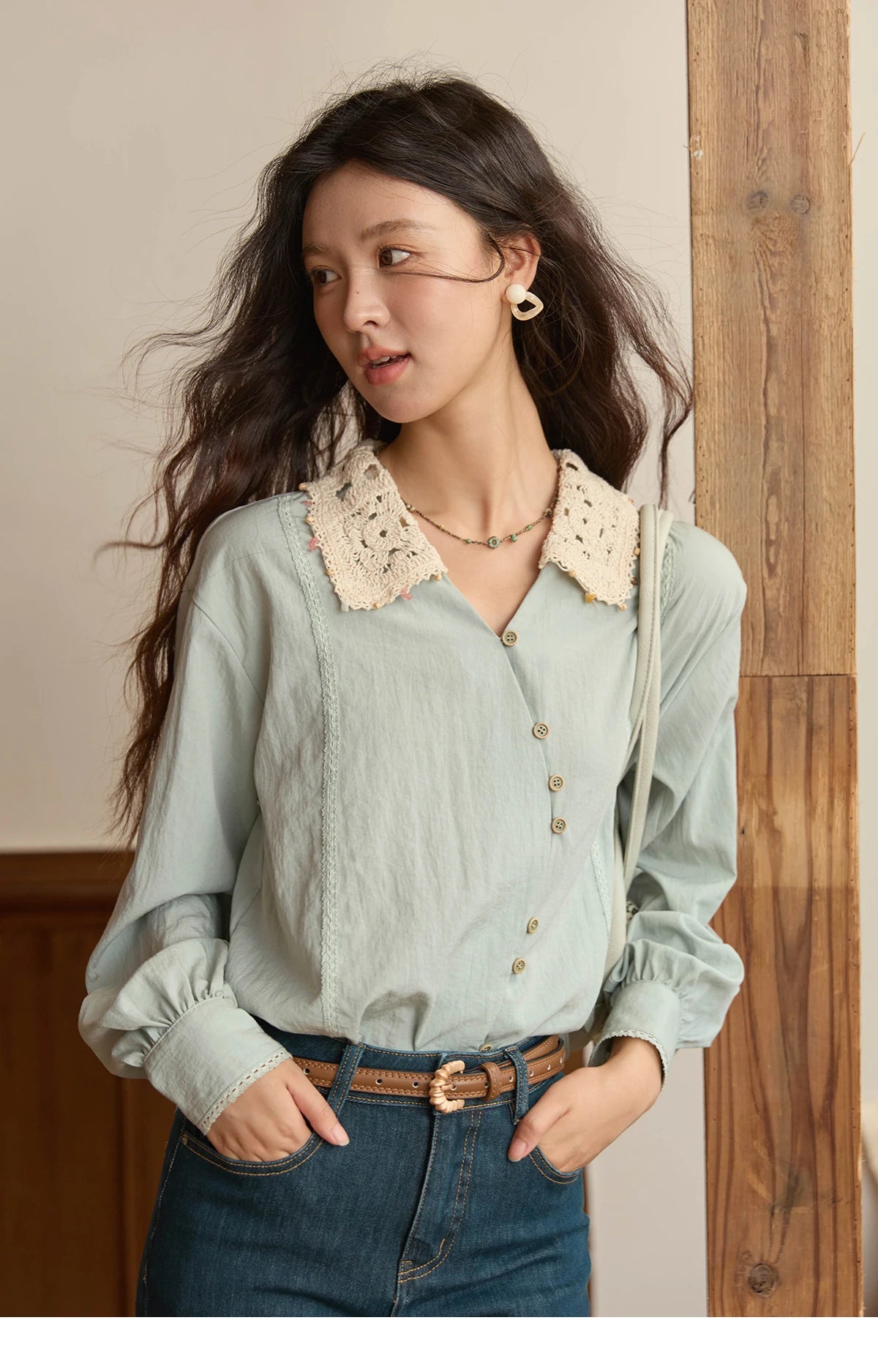 MISHOW Women's Linen Shirt 2025 Autumn Contrast Apricot Lapel Shirts Long Sleeve Curved Placket Tops Office Lady MXE43C2387