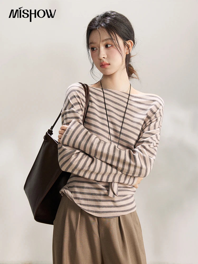 MISHOW Striped Boat Neck Long Sleeve Tops 2026 Spring Ruched Side SlimCasual Soft Breathable T-Shirt with Necklace MXF13T1514