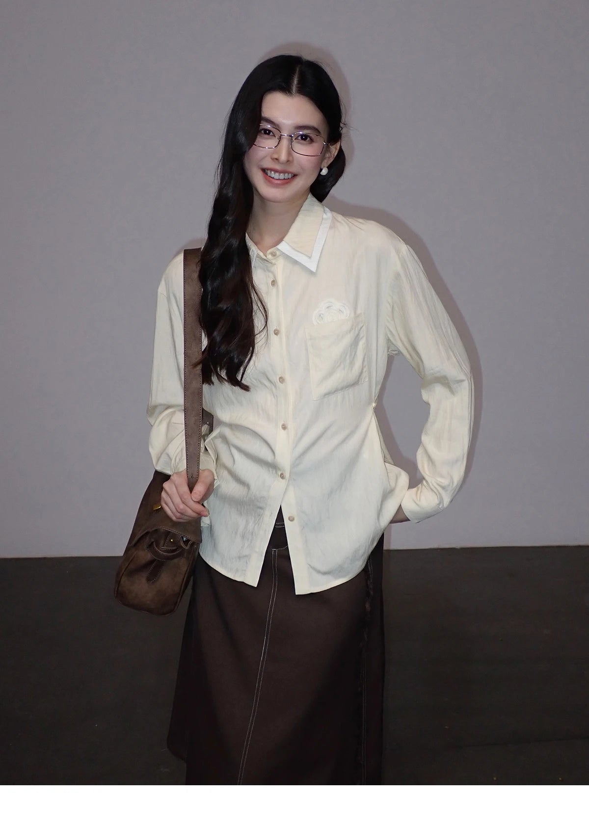 MISHOW Women's Contrast Trim Lapel Collar Shirts 2026 Spring Floral Embroidery Pocket Decor Button Waist Casual Shirt MXF13C2440