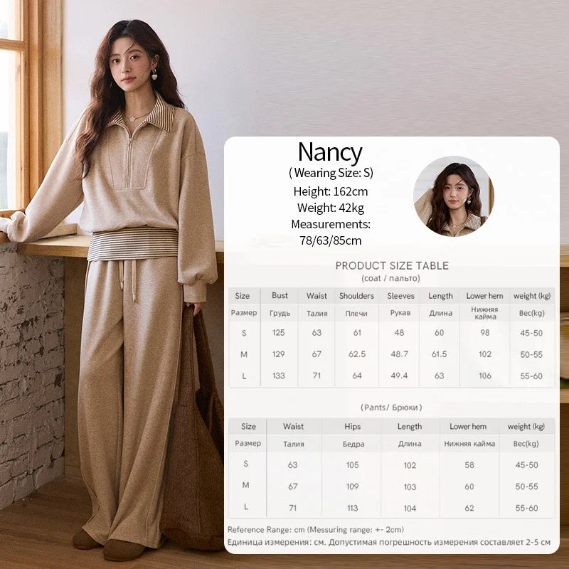 MISHOW Woman Pants Set 2025 Winter Casual Retro Sweatshirt Set Striped Lapel Half-Zip Sweatshirt Wide Leg Pants MXE87T1425