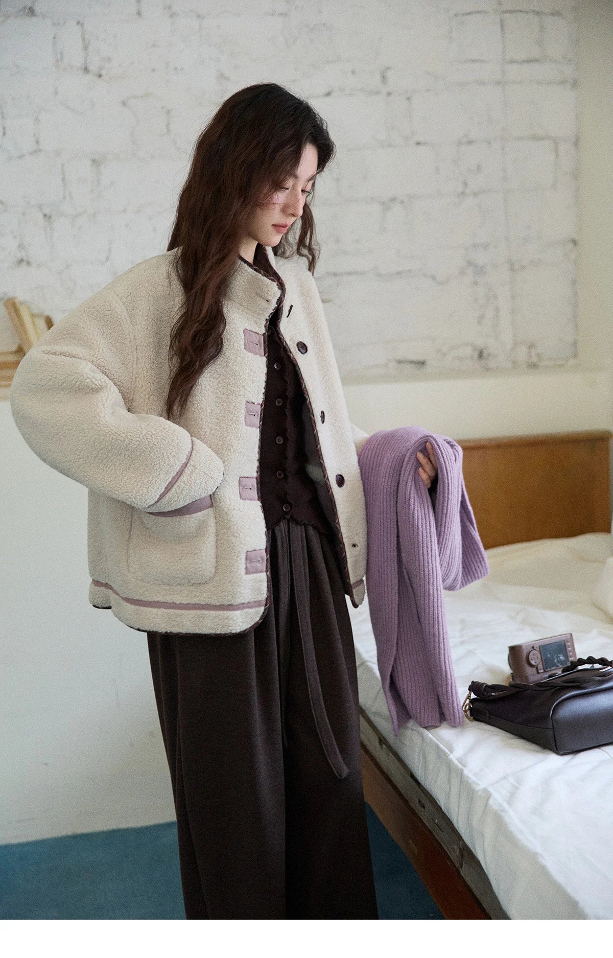 MISHOW Women Purple Coats 2025 Winter Luxury Turn-down Collar Double-sided Jacket Pocket Decoration Windproof Jacket MXE87W0940