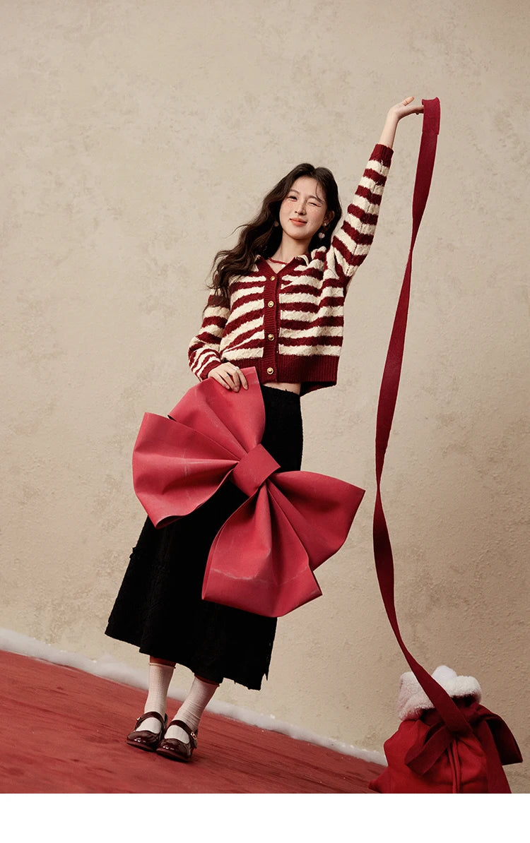 MISHOW Christmas Red Striped Turn Down Collar Cropped Cardigan Thickened Warm Wool Blend Sweater Soft Knitted Tops MXD58Z1038