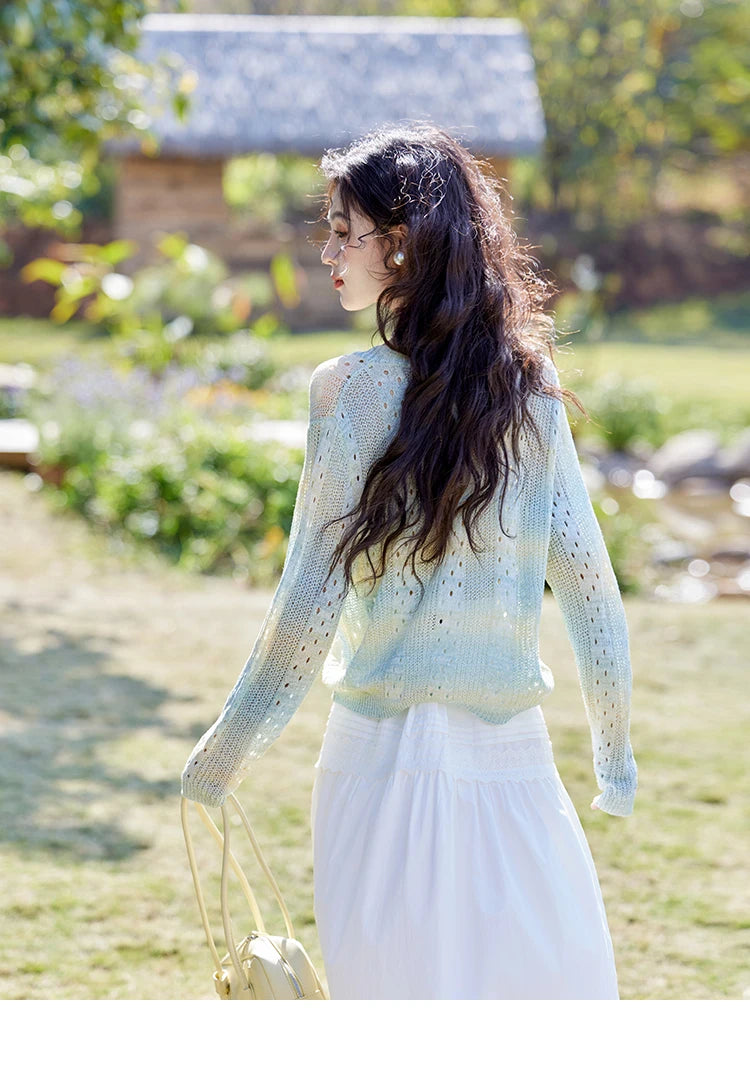 MISHOW Gradient Blue Green Knitted Sweater Women 2025 Autumn Long Sleeve V-neck Drawstring Tops New Fashion Sweaters MXE16Z1171