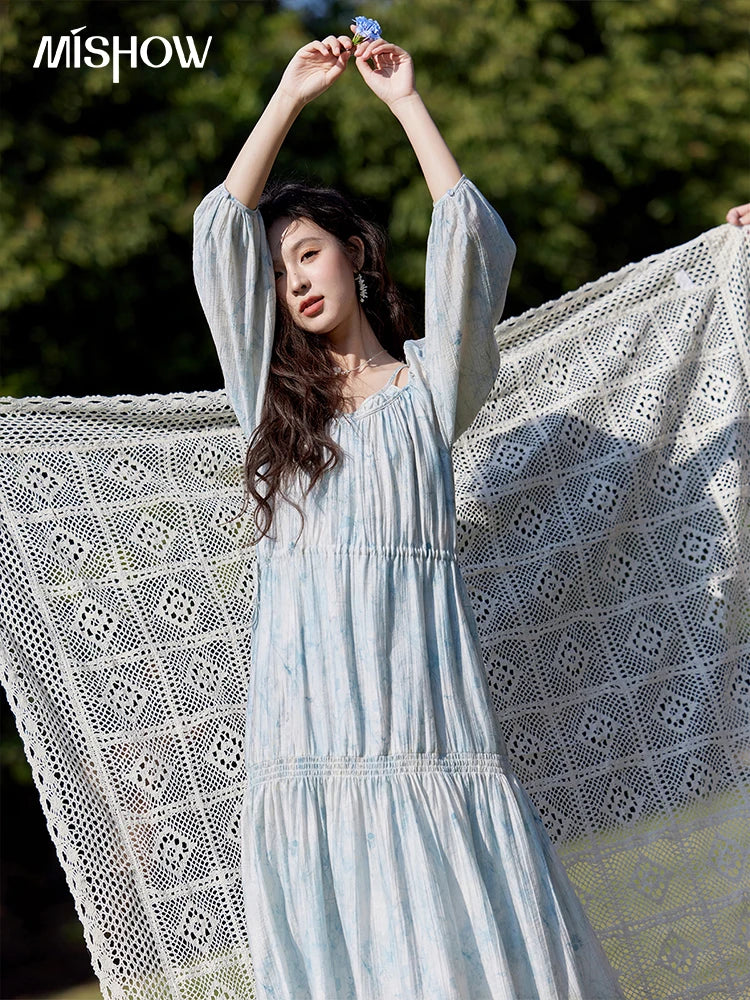 MISHOW Printed Blue Blending Chiffon Vacation Dress Spring 2025 Drawstring Waist Long Dress Lantern Sleeve Dresses MXE16L2114