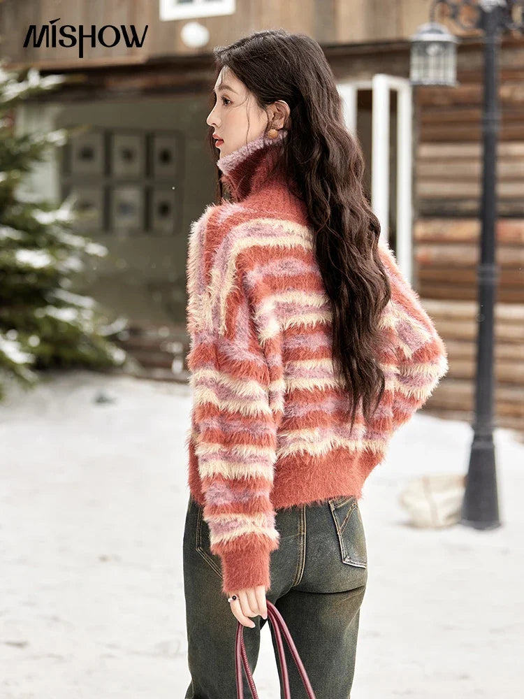 MISHOW Red Striped Sweater Faux Mink Fur Stand Collar Knitted Cardigan Contrast Color Vintage Thickened Warm Tops MXD59Z1005