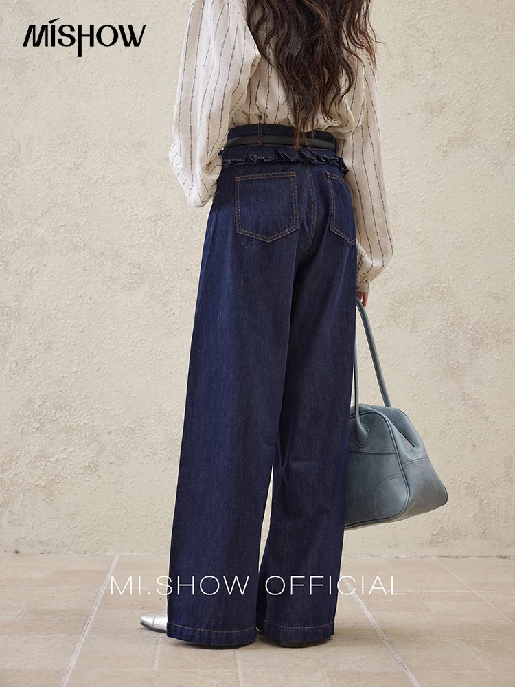 MISHOW Casual Spring Summer Jeans for Women 2025 Stitching Ruffle High Waist Jeans Female New Fashion Wide Leg Pants MXE16K0907