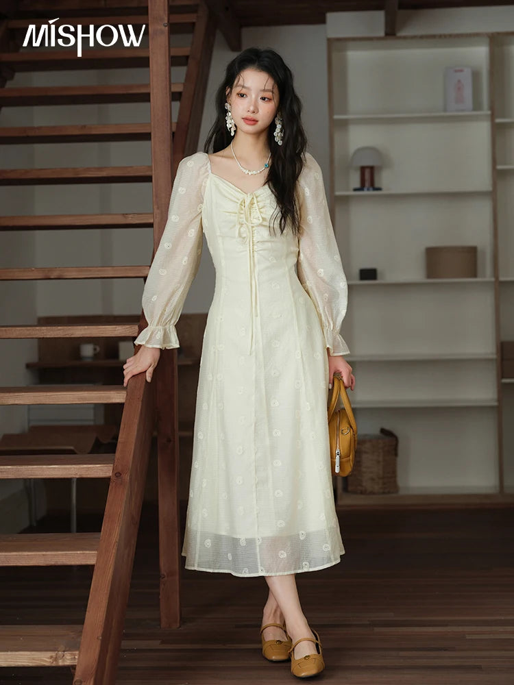 MISHOW Women's Cashew Flower Embroidered Dress 2025 Autumn V-neck Drawstring Long Sleeves Ladies Elegant Slim Dresses MXE41L2387