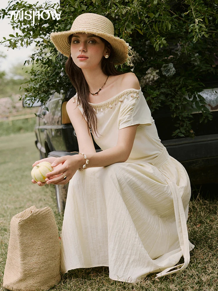 MISHOW Holiday Summer Dresses Women 2025 New Short Sleeve Shell Webbing Oblique Collar Slim Midi Dress Female Fashion MXE31L2189