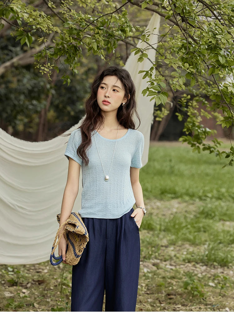 MISHOW Office Lady Women’s T-shirts Summer 2025 Short Sleeve Round Neck Solid Slimming Knitted Shirt Female Fashion MXE34Z1257