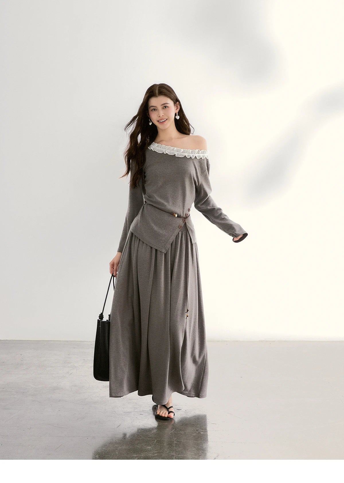 MISHOW Women's Grey Irregular Top Elastic Waist Skirt Two-Piece Set Spring Off-Shoulder Lace Trim Top Maxi Skirt Set MXF13T1479