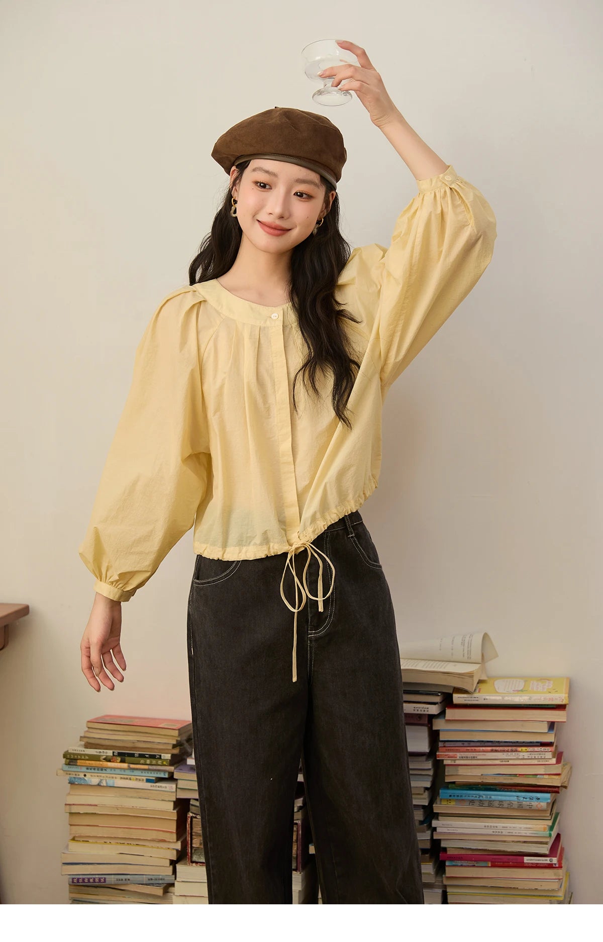 MISHOW Light Yellow Pleated Shirt 2025 Autumn Drawstring Hem Lantern Sleeve Top O-neck Cotton Blend Casual Shirts MXE45X2490